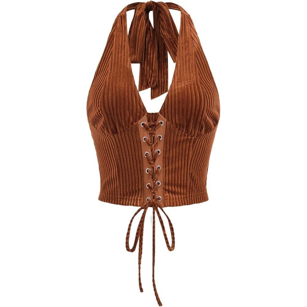 Women's Sleeveless Lace Up Halter Crop Top Backless Summer Beach Club